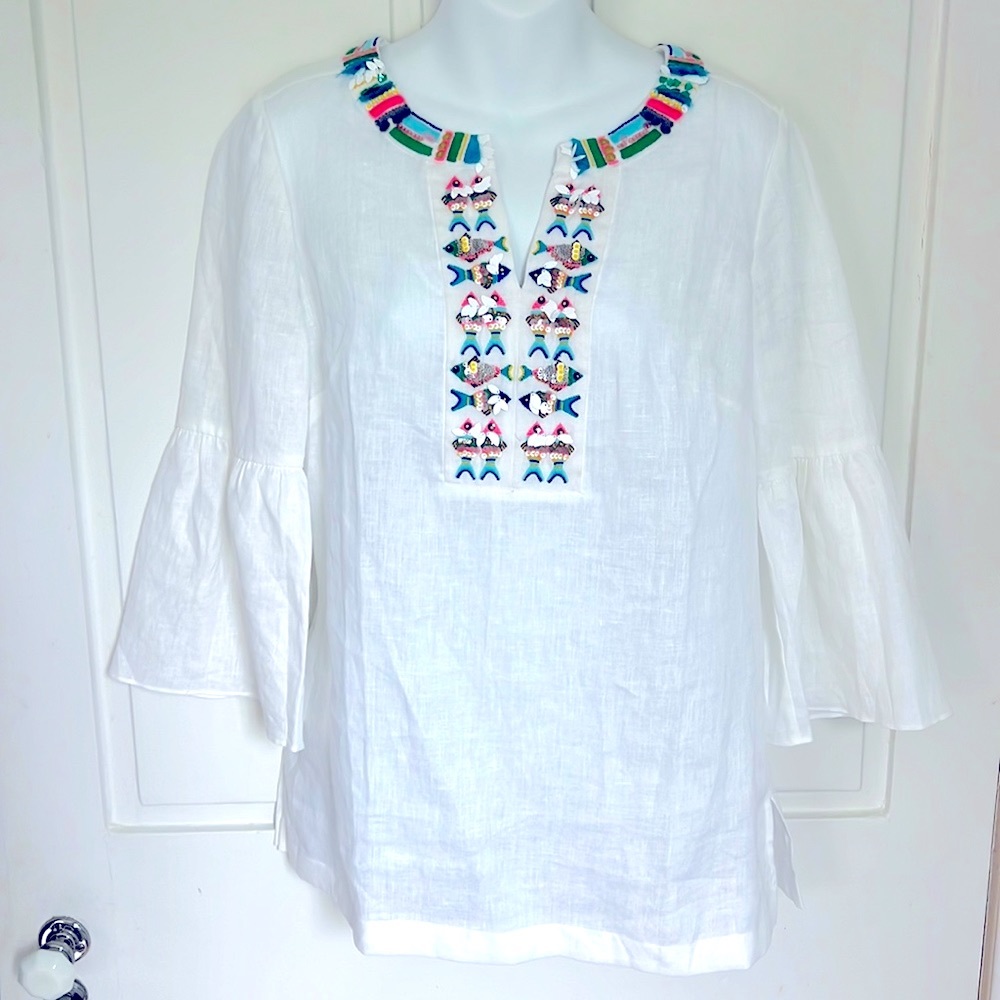 NWT Talbots white linen pop over top with Sequins & Embroidered Tropical Motif S